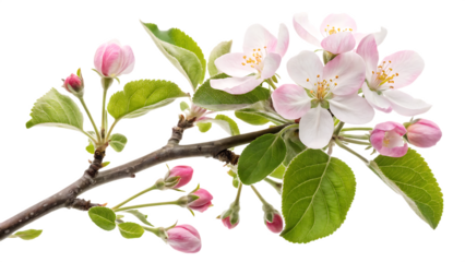 apple blossom branch flower with green leaves on white background PNG. AI GENERATED