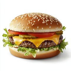 A cheeseburger with lettuce tomato and pickles on a sesame bun isoleted on white background