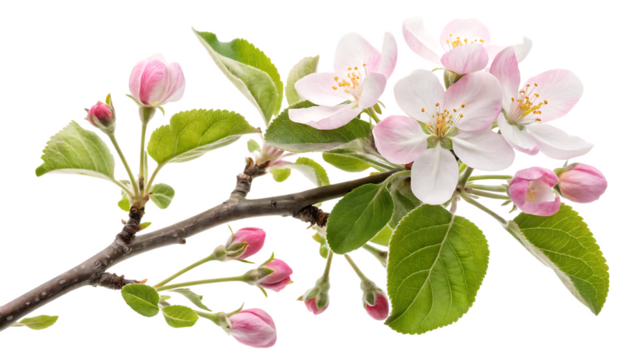 apple blossom branch flower with green leaves on white background PNG. AI GENERATED