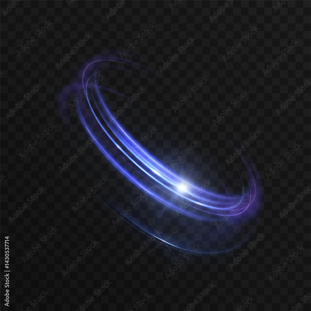Poster futuristic glowing rings of purple light with a central flare and lens effect on a dark background. 