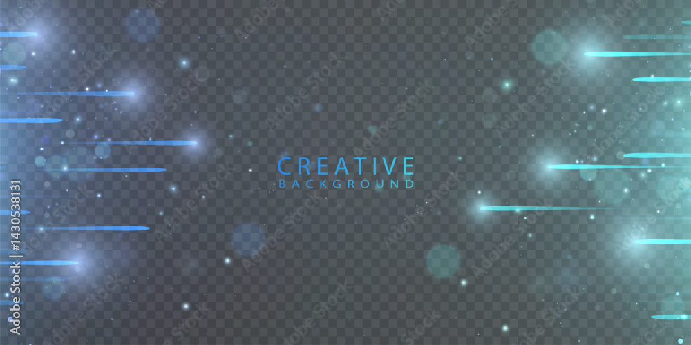 Poster futuristic glowing blue background with moving stripes and shimmering particles on dark background.