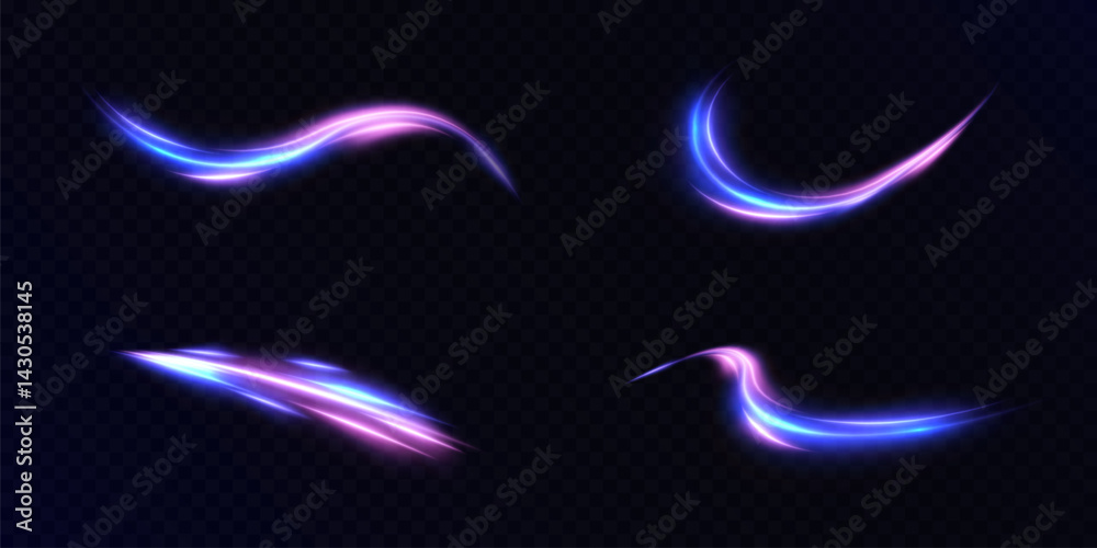 Leinwandbilder collection of abstract light swirls in violet-blue tones with shimmering glow and curved flow.