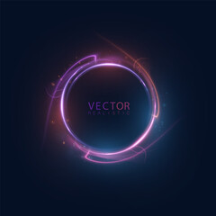 Futuristic glowing ring with bright pink and purple light stripes on dark background. Ideal for background images. Vector