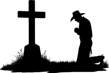 Cowboy Praying at Memorial Cross. vector silhouette