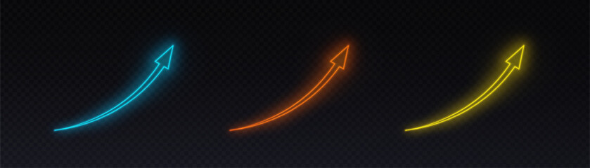 Collection of curved luminous arrows with neon glow in multiple colors, symbolizing increase and dynamic movement. © Valeriia