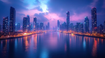 Fototapeta premium Vibrant cityscape at dusk over a calm waterway. Modern towers reflected in the water