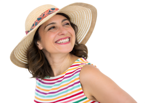 Smiling woman wearing a straw hat and colorful striped shirt