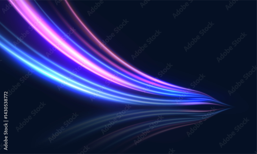 Aufkleber Vibrant blue-violet Stream of curved light lines with neon glow and reflection on dark background for futuristic visuals and interfaces.