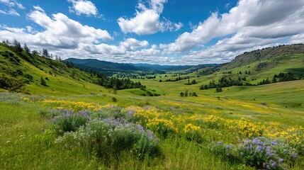 Obraz premium A vibrant meadow bursts with colorful wildflowers beneath a bright blue sky, stretching toward gently rolling hills in a picture-perfect landscape.