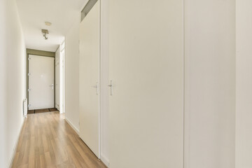 A bright and spacious hallway featuring clean white walls and a stylish wooden floor, showcasing a minimalist approach to interior design.