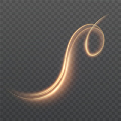 Golden glowing swirl with soft transparency and elegant curve on dark background. Vivid effect for luxury light paths, motion design of game interfaces. Vector