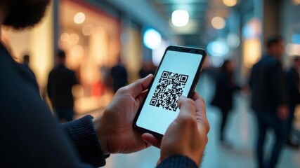A smartphone in the hands of a man on the background of a shopping mall with people. An honest sign, quality control.
