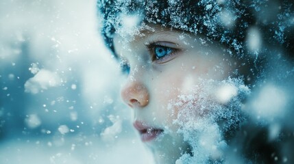 Close-up of a young Caucasian boy with blue eyes in a snowy winter setting.
