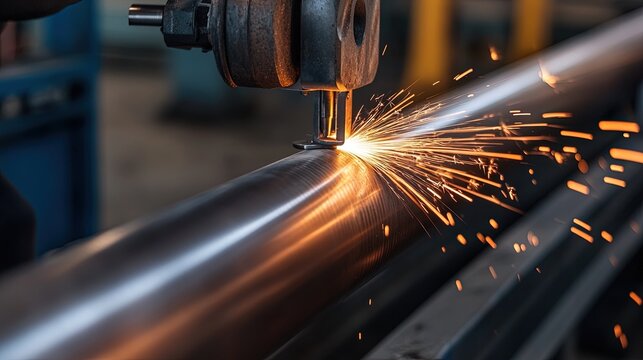 A close-up of a steel pipe being cut with a pipe cutter, smooth surface detail 