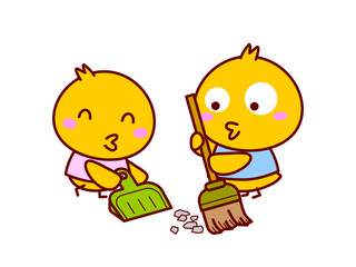 掃除をするひよこ © twomoons