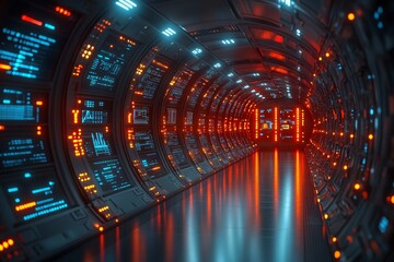 Obraz premium Futuristic spaceship corridor, glowing screens, red lights, data streams