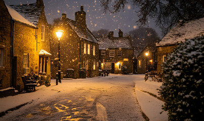 Snow Covered Village Street at Night with Warm Yellow Lights