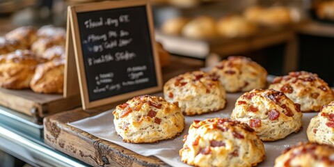 A bakery display showcasing bacon and cheese scones, with a small chalkboard sign labeling them