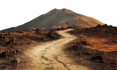 Rugged volcanic trail leading to a distant mountain peak, isolated on transparent cutout background