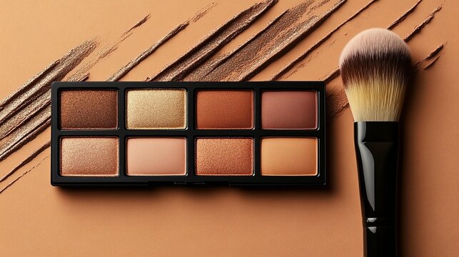 Neutral eyeshadow palette warm brown beige shimmer shades cosmetic product photography