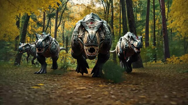 Group of tyrannosaurus rex walking through a dense forest with autumn foliage in the background, Group of t rex tyrannosaurus walking in the middle of a jurassic forest, seen from behind, dinosaurs