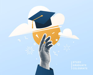 Graduate vector illustration background. Halftone effect student hand, cap in sky, sun. Education graduation congratulation banner. Celebrate grad class of 2025, cool fun art collage design.
