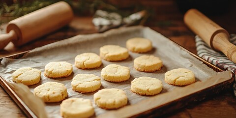 A baking tray filled with soft sugar cookies, just taken out of the oven, with a rolling pin nearby