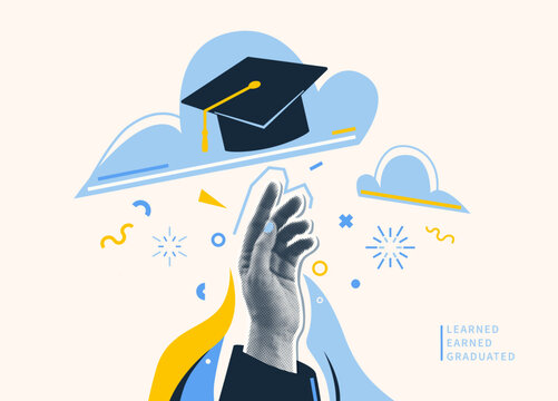 Graduate vector illustration background. Halftone effect student hand, cap in sky. Education graduation congratulation banner. Celebrate grad class of 2025, cool fun art collage design.