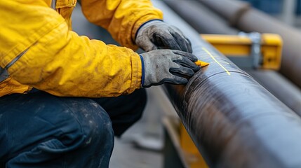 A worker marking a pipe before cutting, preparing for precise measurements 