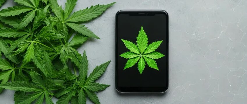 Digital Cannabis Showcase: A modern smartphone displays a cannabis leaf logo alongside fresh green cannabis leaves, signifying the intersection of technology and the natural plant.