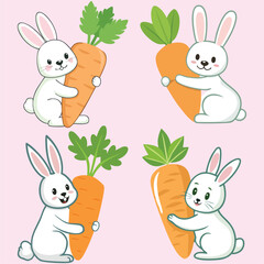ute Bunnies Holding Carrots on Pink Background