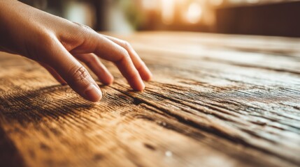 Hand feeling weathered wood surface