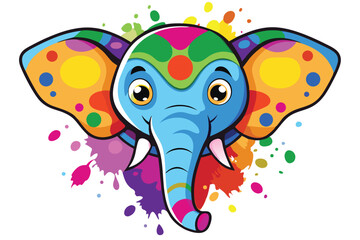 Colorful artistic elephant face   colorful paint splatters on white background.