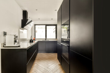A sleek modern kitchen featuring black cabinetry, clean lines, and elegant appliances. The space showcases a minimalist approach with functional design elements.