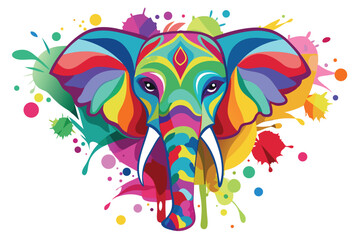 Obraz premium Colorful artistic elephant face colorful paint splatters on white background.