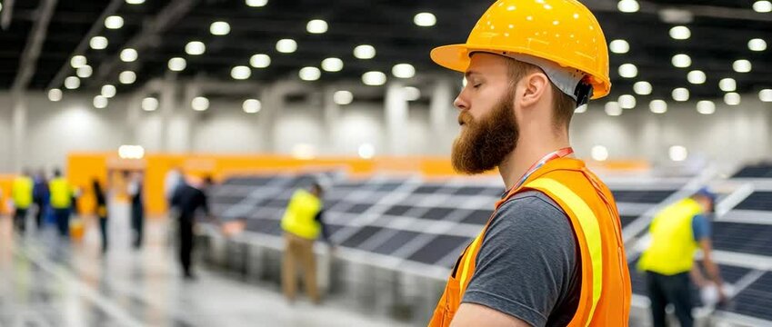 Focused on the Future: An electrician, framed against rows of solar panels, embodies the dedication and precision of renewable energy