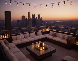 Naklejka premium Stylish rooftop terrace at twilight, featuring cozy seating and city skyline views.