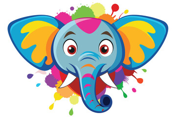 Colorful artistic elephant face   colorful paint splatters on white background.