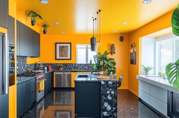 Contemporary eclectic kitchen with cheerful yellow ceiling, black base flooring