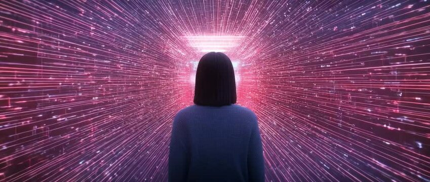 Woman in Digital Tunnel: A lone woman stands facing a futuristic tunnel of glowing purple and pink digital data streams, symbolizing the vastness and potential of the digital world.&nbsp;