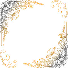 Elegant luxury golden floral frame with intricate hand-drawn vintage botanical ornament, decorative blooming flowers and swirling leaves, perfect for wedding invitations, stationery, packaging, and pr