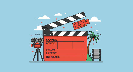 Cannes film festival illustration featuring clapperboard, vintage camera, palm tree and film reel for movie promotion and event branding
