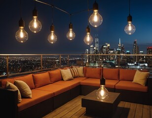 Stylish rooftop lounge with cozy orange seating and glowing lights against a city skyline at night.