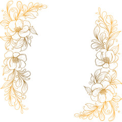 Luxury hand-drawn floral composition with golden vintage botanical elements, swirling leaves, and engraved flower accents for refined invitation designs, elegant branding, and ornamental decor