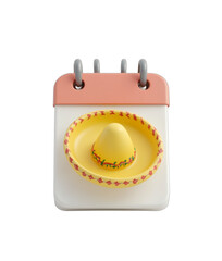 Cinco de Mayo festive 3D calendar with sombrero. Ideal for event promotion, reminders, scheduling, or icon design. Coral, yellow, pastel colors. Isolated on transparent background.