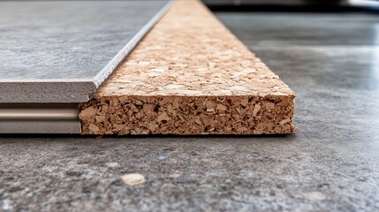 Close-up of cork expansion joint between large-format tiles, eco-friendly detail 