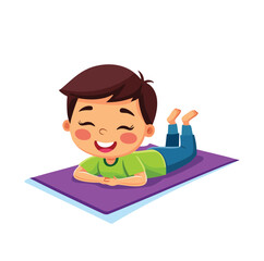 Happy Boy Lying on Yoga Mat Smiling