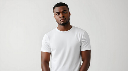 Portrait of a handsome african american man in a white t shirt against a white studio background looking serious