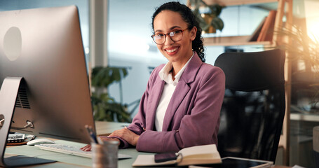 Computer, portrait and smile with business woman at desk for investment or portfolio management. Agenda, finance and report with happy stock market broker in workplace for strategy development