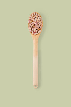 Wooden spoon holding fresh borlotti beans on green background